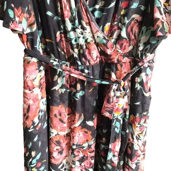 Torrid Faux Wrap High Low Midi Dress Size 2X Swiss Dot Floral Flutter Sleeves - Picture 9 of 16